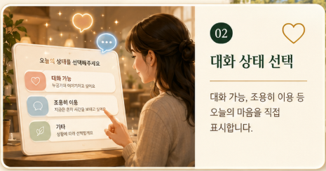 대화 가능·조용히 이용 등 상태를 선택하는 화면